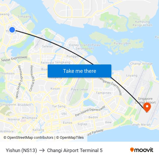 Yishun (NS13) to Changi Airport Terminal 5 map