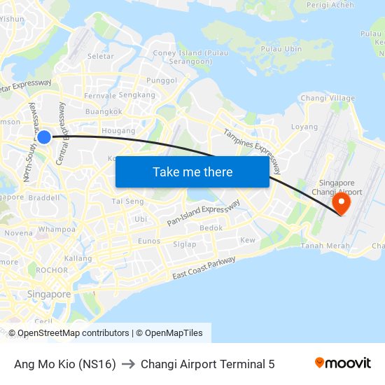 Ang Mo Kio (NS16) to Changi Airport Terminal 5 map