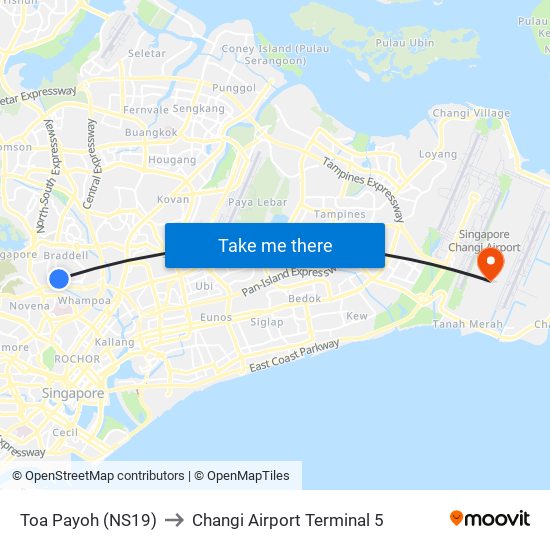 Toa Payoh (NS19) to Changi Airport Terminal 5 map