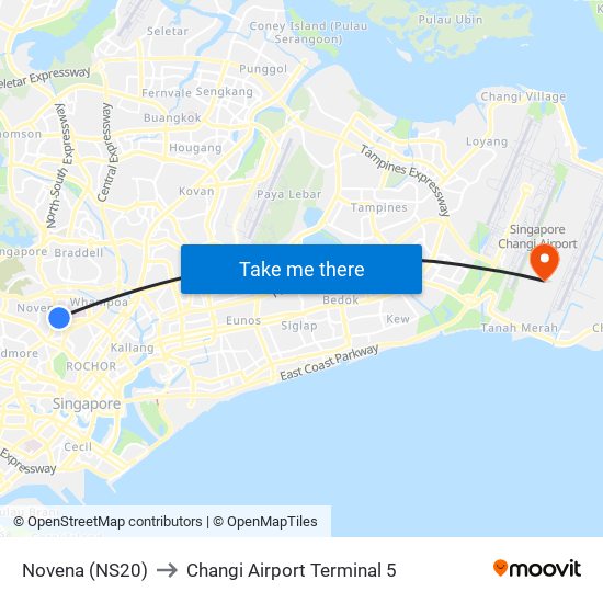 Novena (NS20) to Changi Airport Terminal 5 map