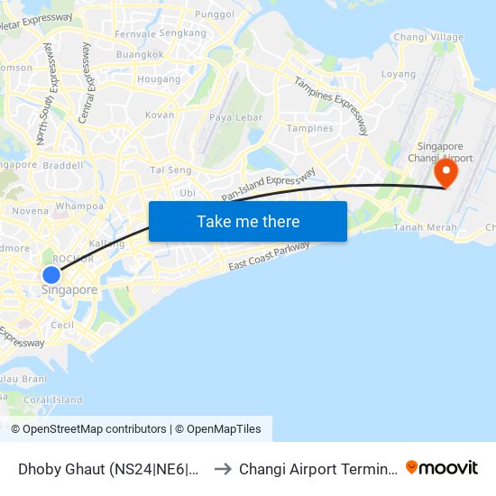 Dhoby Ghaut (NS24|NE6|CC1) to Changi Airport Terminal 5 map