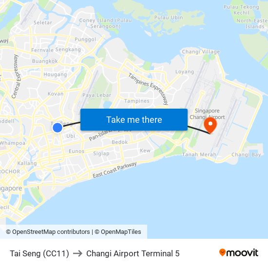 Tai Seng (CC11) to Changi Airport Terminal 5 map