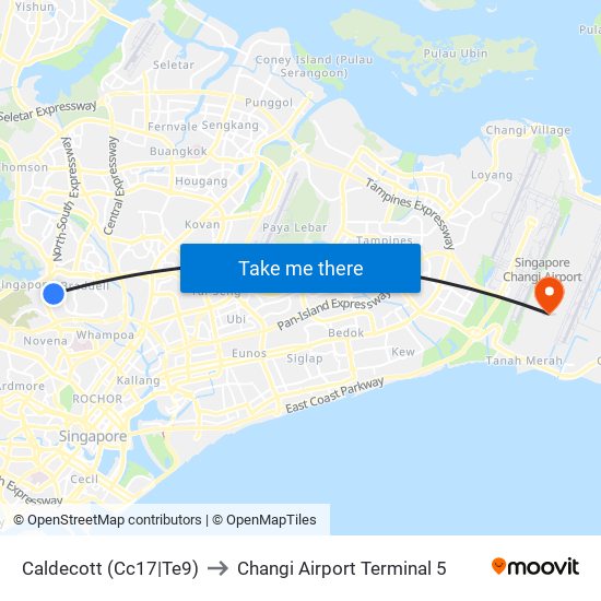 Caldecott (Cc17|Te9) to Changi Airport Terminal 5 map