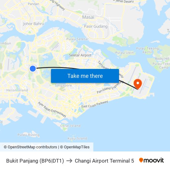 Bukit Panjang (BP6|DT1) to Changi Airport Terminal 5 map