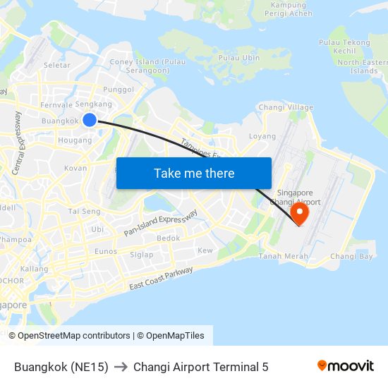 Buangkok (NE15) to Changi Airport Terminal 5 map