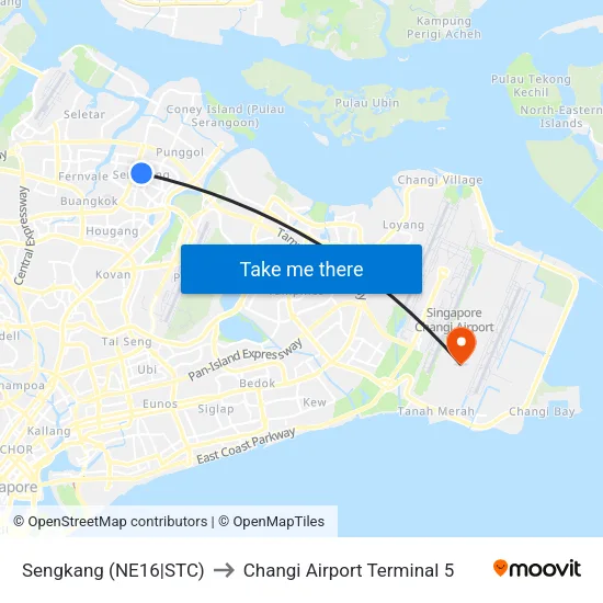 Sengkang (NE16|STC) to Changi Airport Terminal 5 map