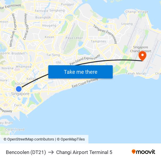 Bencoolen (DT21) to Changi Airport Terminal 5 map