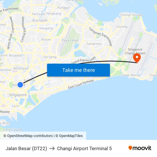 Jalan Besar (DT22) to Changi Airport Terminal 5 map