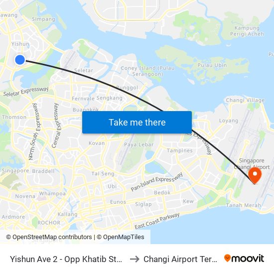 Yishun Ave 2 - Opp Khatib Stn (59049) to Changi Airport Terminal 5 map