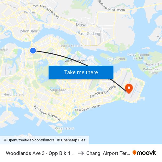 Woodlands Ave 3 - Opp Blk 402 (46499) to Changi Airport Terminal 5 map