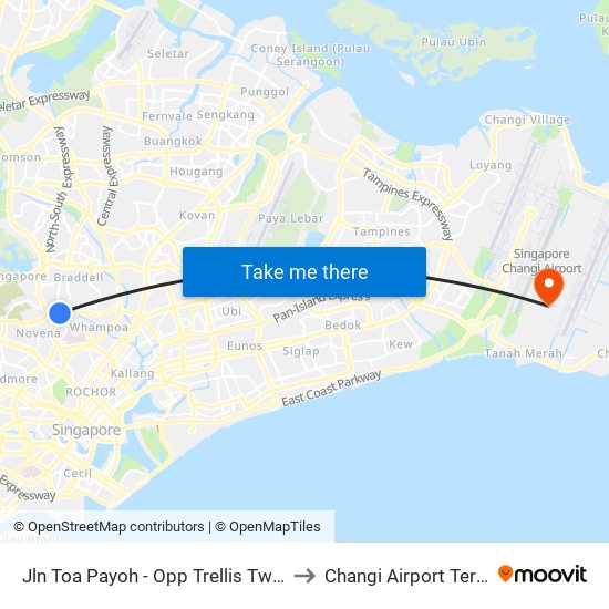 Jln Toa Payoh - Opp Trellis Twrs (52079) to Changi Airport Terminal 5 map