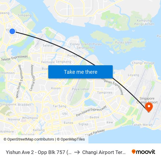 Yishun Ave 2 - Opp Blk 757 (59069) to Changi Airport Terminal 5 map