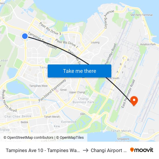 Tampines Ave 10 - Tampines Wafer Fab Pk (75351) to Changi Airport Terminal 5 map