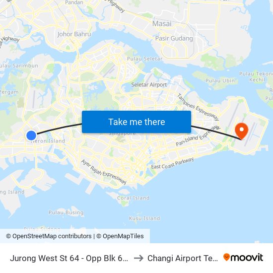 Jurong West St 64 - Opp Blk 662c (22499) to Changi Airport Terminal 5 map