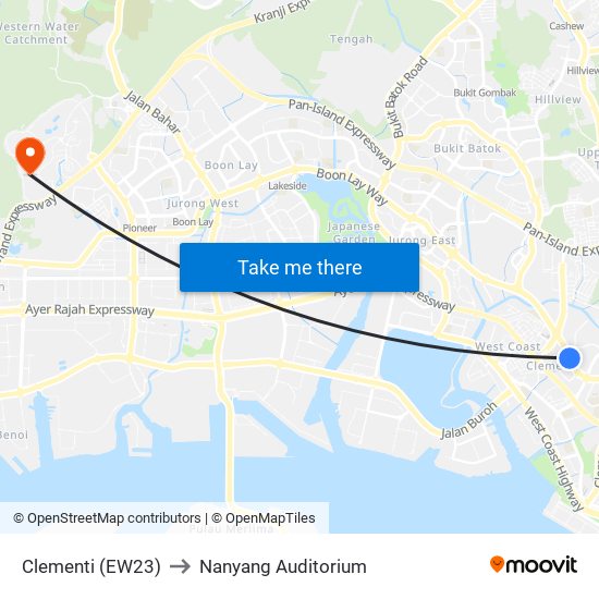 Clementi (EW23) to Nanyang Auditorium map