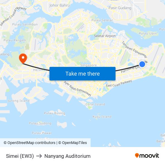 Simei (EW3) to Nanyang Auditorium map