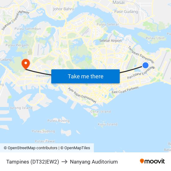 Tampines (DT32|EW2) to Nanyang Auditorium map