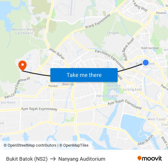 Bukit Batok (NS2) to Nanyang Auditorium map