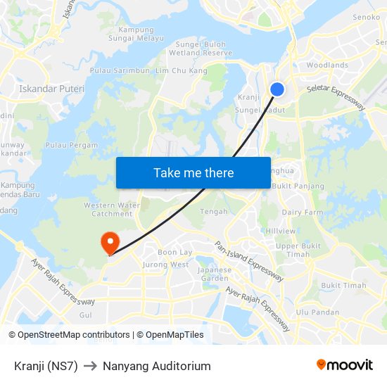 Kranji (NS7) to Nanyang Auditorium map