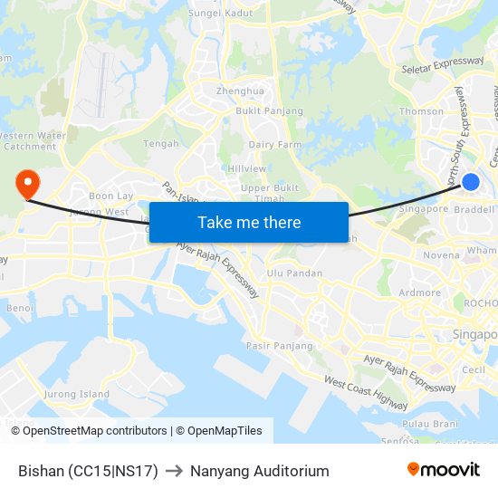 Bishan (CC15|NS17) to Nanyang Auditorium map