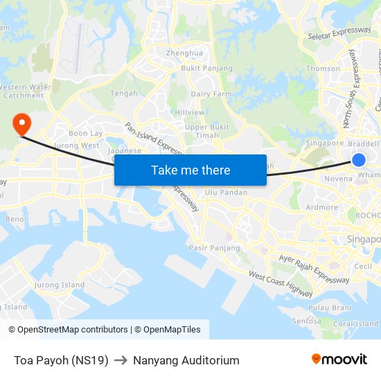 Toa Payoh (NS19) to Nanyang Auditorium map