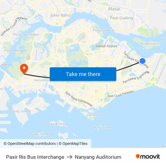 Pasir Ris Bus Interchange to Nanyang Auditorium map