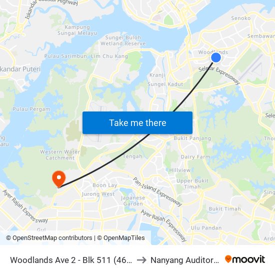 Woodlands Ave 2 - Blk 511 (46331) to Nanyang Auditorium map