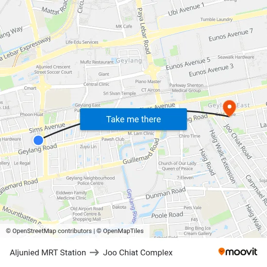 Aljunied MRT Station to Joo Chiat Complex map
