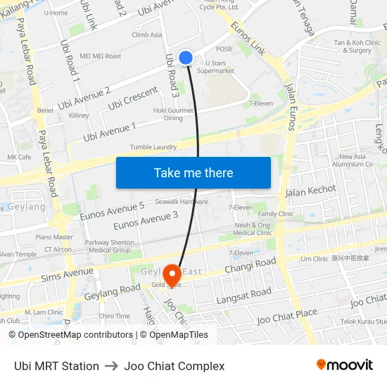 Ubi MRT Station to Joo Chiat Complex map