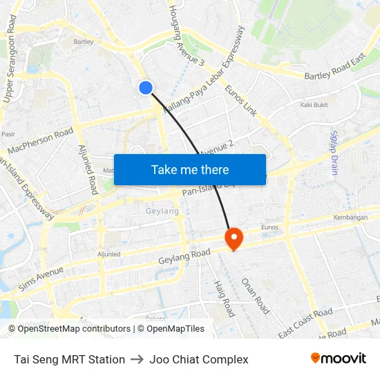 Tai Seng MRT Station to Joo Chiat Complex map