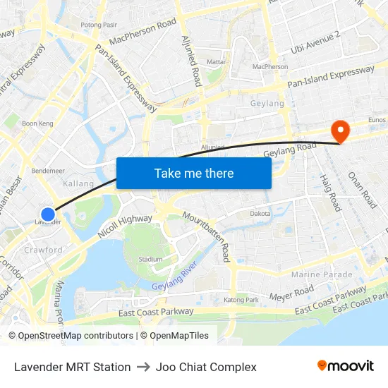 Lavender MRT Station to Joo Chiat Complex map