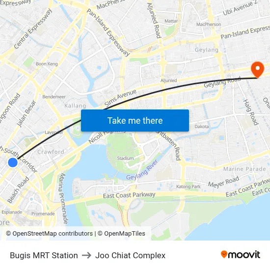 Bugis MRT Station to Joo Chiat Complex map