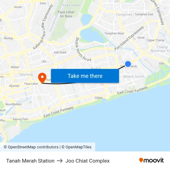 Tanah Merah Station to Joo Chiat Complex map
