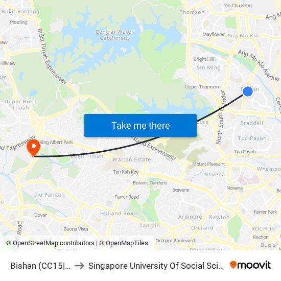 Bishan (CC15|NS17) to Singapore University Of Social Sciences (Suss) map