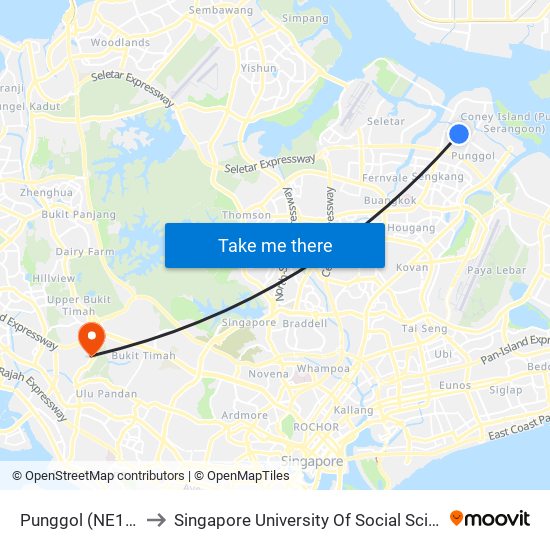 Punggol (NE17|PTC) to Singapore University Of Social Sciences (Suss) map