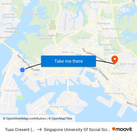 Tuas Cresent (EW31) to Singapore University Of Social Sciences (Suss) map