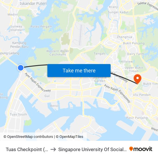 Tuas Checkpoint (Departure) to Singapore University Of Social Sciences (Suss) map