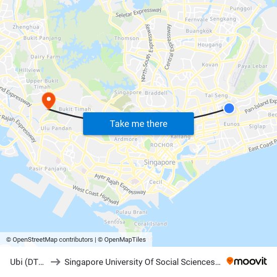 Ubi (DT27) to Singapore University Of Social Sciences (Suss) map