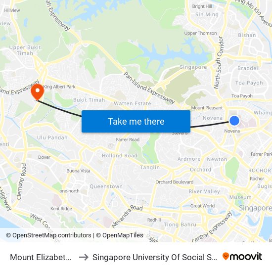 Mount Elizabeth Novena to Singapore University Of Social Sciences (Suss) map