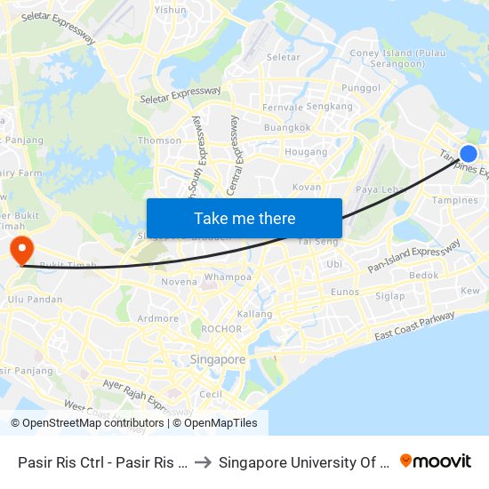 Pasir Ris Ctrl - Pasir Ris MRT (Taxi Stand G22) to Singapore University Of Social Sciences (Suss) map