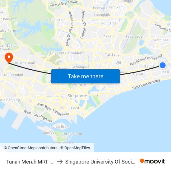 Tanah Merah MRT Pickup Point to Singapore University Of Social Sciences (Suss) map