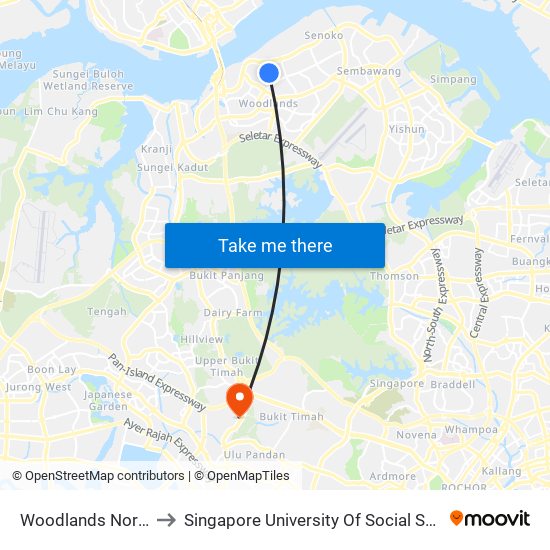 Woodlands North (Te1) to Singapore University Of Social Sciences (Suss) map