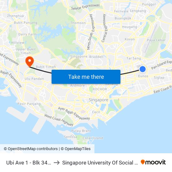 Ubi Ave 1 - Blk 343 (71111) to Singapore University Of Social Sciences (Suss) map