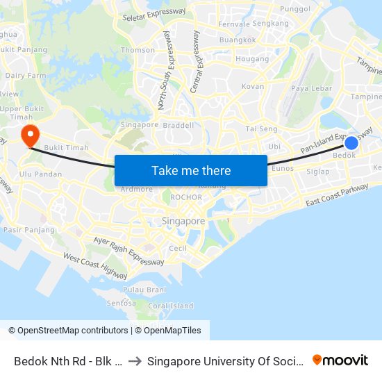 Bedok Nth Rd - Blk 111 (84229) to Singapore University Of Social Sciences (Suss) map