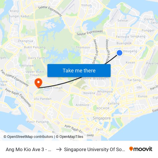 Ang Mo Kio Ave 3 - Blk 516 (66101) to Singapore University Of Social Sciences (Suss) map