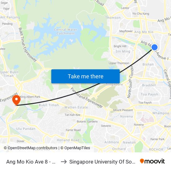 Ang Mo Kio Ave 8 - Blk 332 (54311) to Singapore University Of Social Sciences (Suss) map