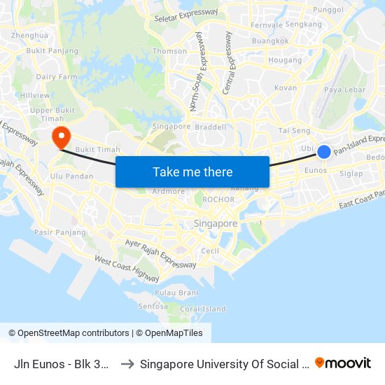 Jln Eunos - Blk 322 (72011) to Singapore University Of Social Sciences (Suss) map