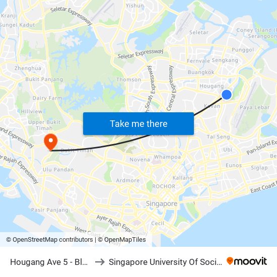 Hougang Ave 5 - Blk 308 (64241) to Singapore University Of Social Sciences (Suss) map