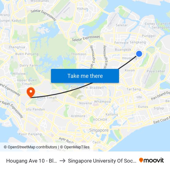 Hougang Ave 10 - Blk 458 (64021) to Singapore University Of Social Sciences (Suss) map