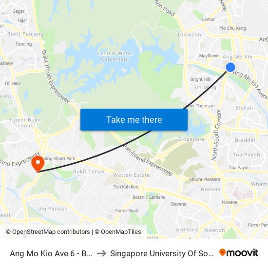 Ang Mo Kio Ave 6 - Blk 307a (54019) to Singapore University Of Social Sciences (Suss) map